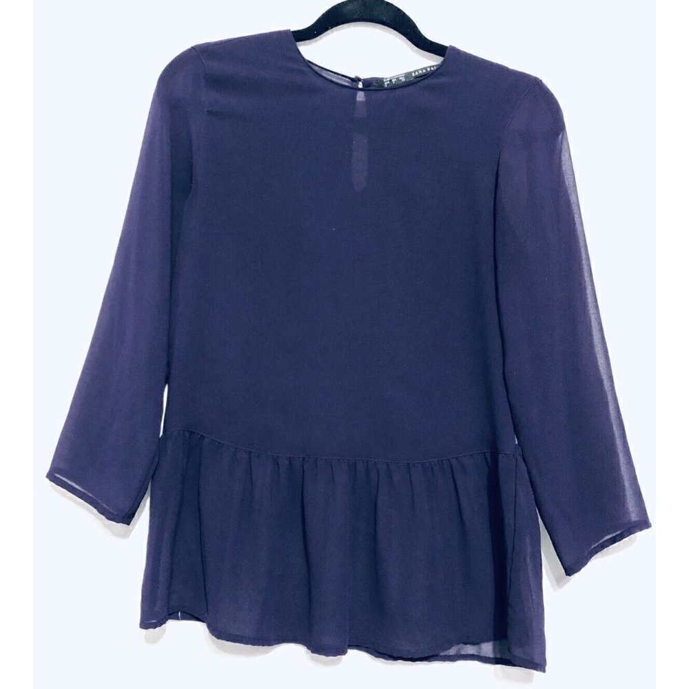 Zara Peplum Top Womens Small Purple Sheer 3/4 Sleeves Boho Festival